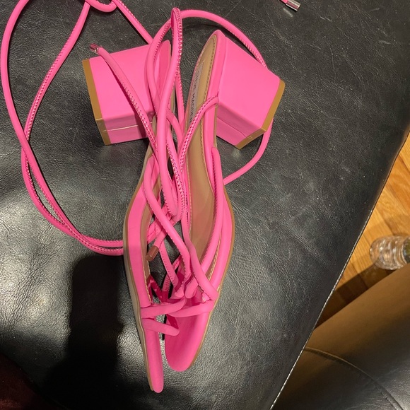 Neon Impressed Tie/Lace Vintage Y2k toe ring Spaghetti straps Chunky Block Heels - Picture 4 of 8